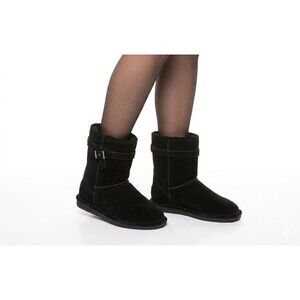 Bearpaw Val Black Suede Buckle Mid Calf Boots Shearling Lined Womens Size 11 EUC